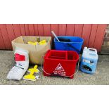 QUANTITY COMMERCIAL CLEANING EQUIPMENT TO INCLUDE RUBBERMAID WHEELED MOP BUCKET, BENTLEY MOP BUCKET,