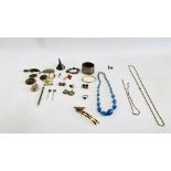 A GROUP OF VICTORIAN AND LATER JEWELLERY INCLUDING SOME SILVER, BROOCHES, BANGLES, BEADS,