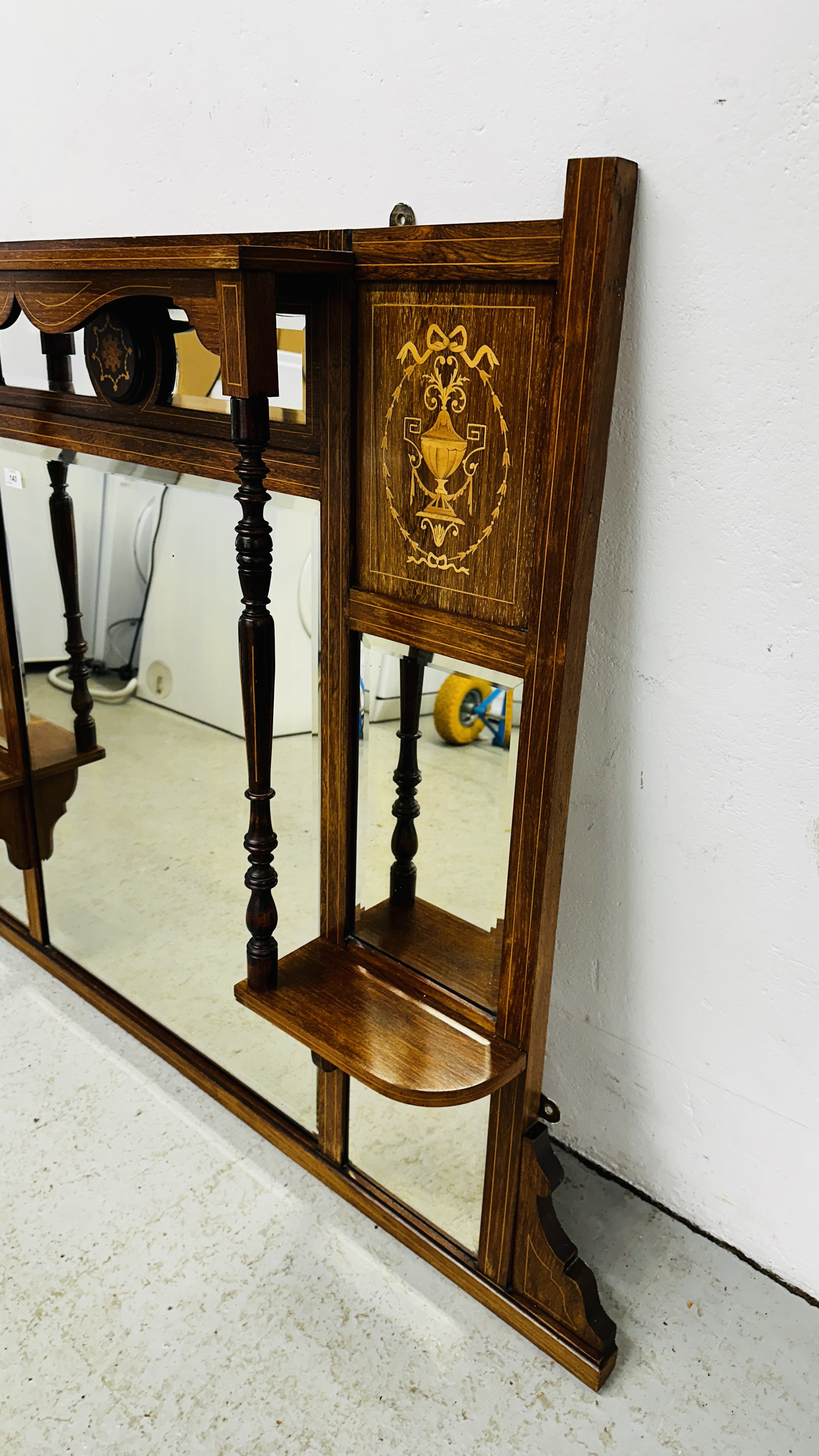 A DECORATIVE EDWARDIAN INLAID OVER MANTEL MIRROR W 137CM & H 99.5CM. - Image 5 of 9