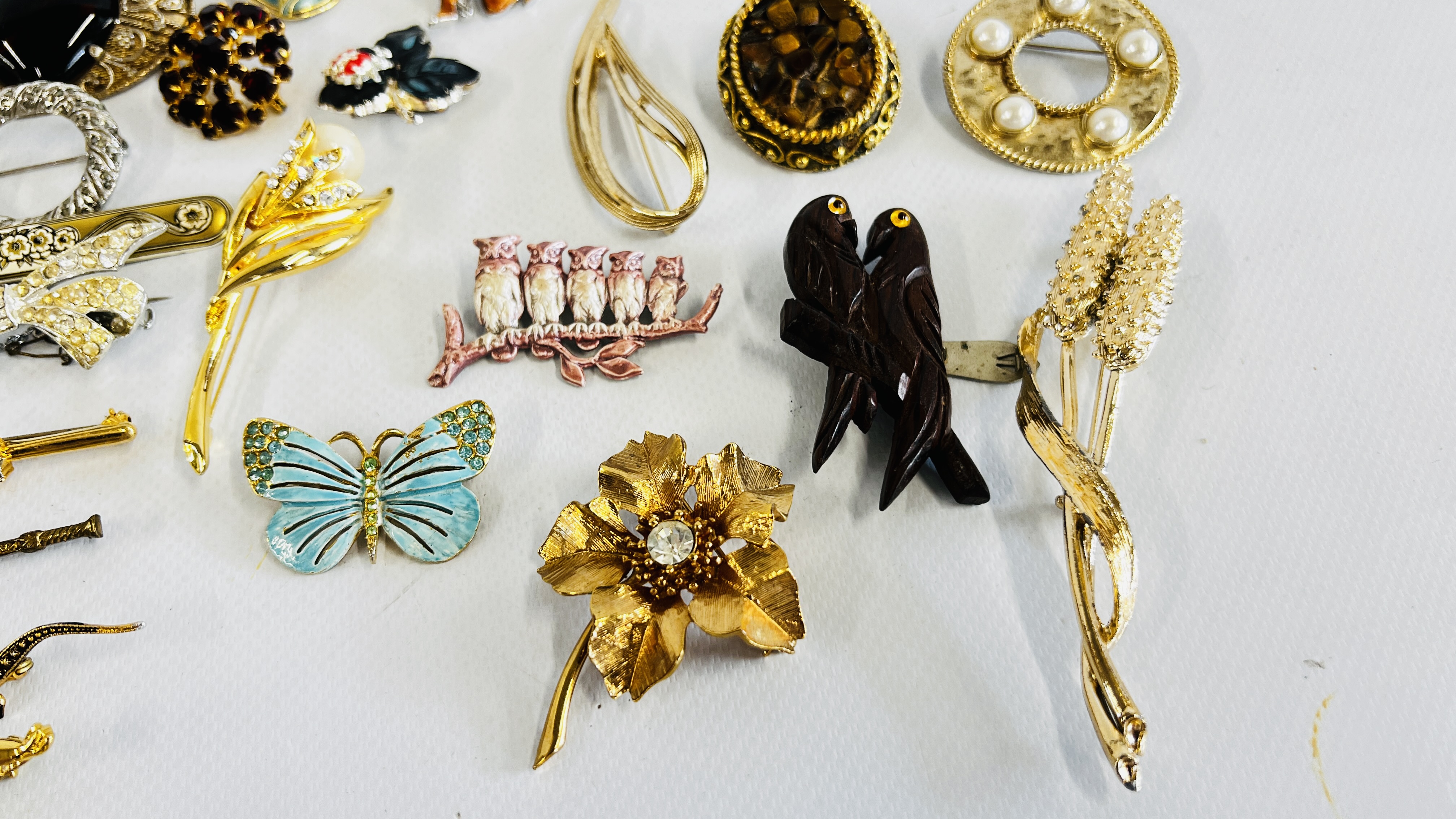33 ASSORTED VINTAGE COSTUME BROOCHES INCLUDING ANIMALS, OWLS, TIGERS EYE, BIRDS ETC. - Image 2 of 5