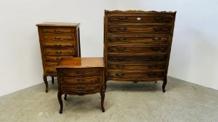 A CONTINENTAL STYLE SEVEN DRAWER BOW FRONTED CHEST 94CM D 41CM H 119CM ALONG WITH A MATCHING SEVEN