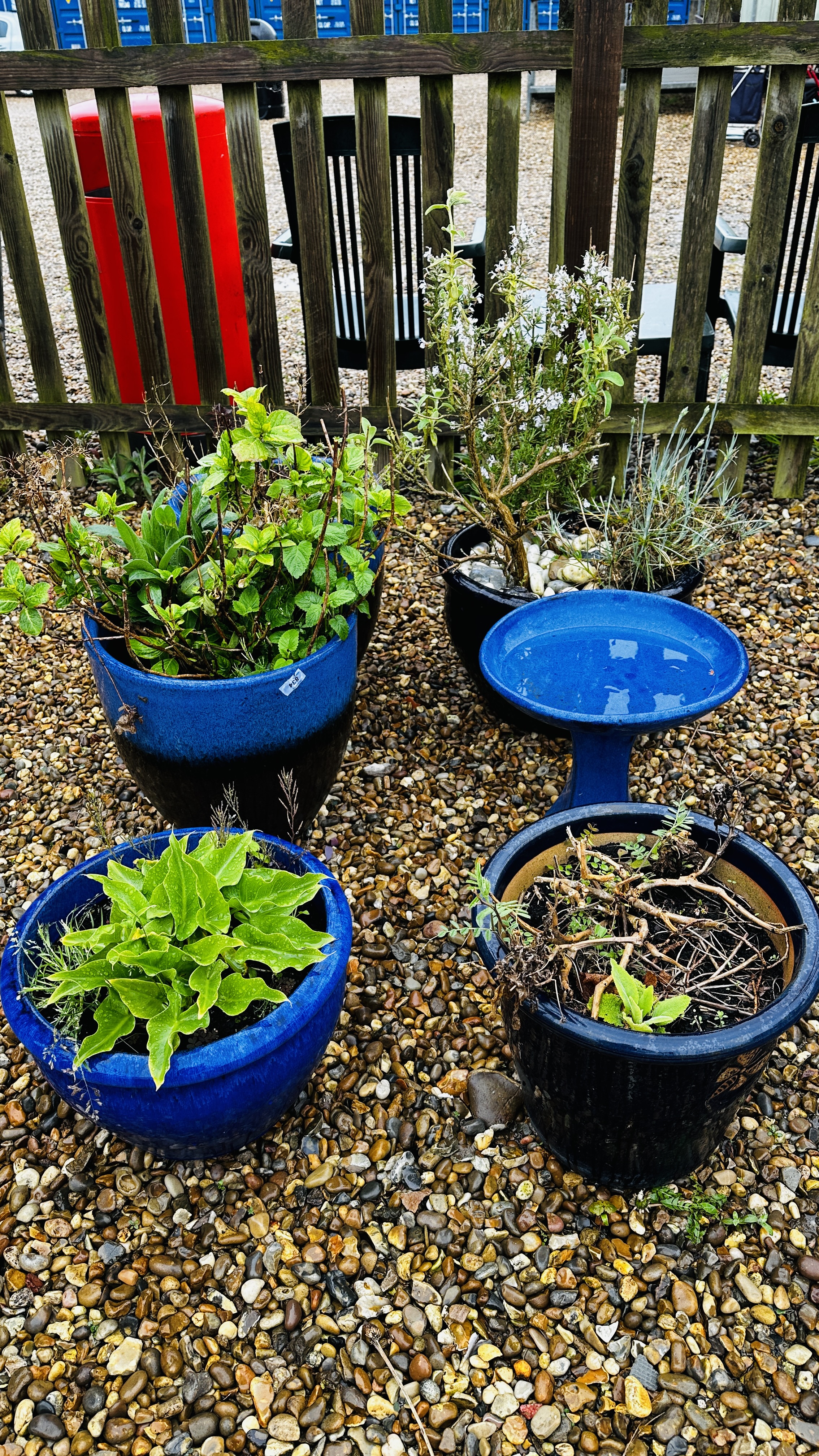 A PAIR OF LARGE BLUE GLAZED GARDEN PLANTERS PLUS THREE OTHER LARGE BLUE GLAZED PLANTERS AND BLUE