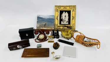 A BOX OF ASSORTED COLLECTABLES TO INCLUDE A VINTAGE BRASS KETTLE, GAMES,