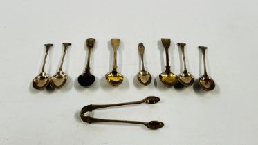 EIGHT VARIOUS SILVER TEASPOONS INCLUDING FOUR ONSLOW PATTERN AND MATCHING SUGAR NIPS,