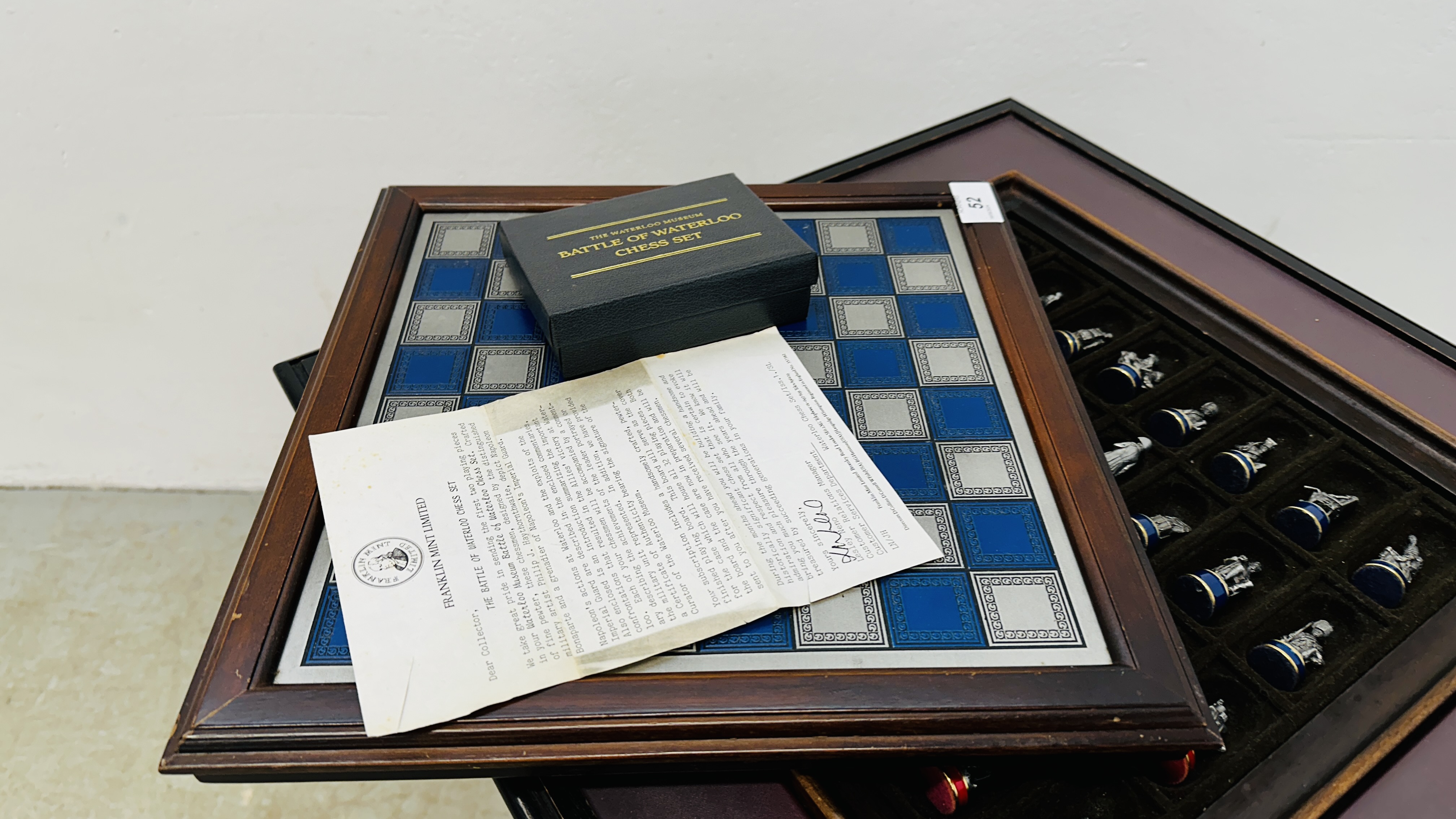 A FRANKLIN MINT LIMITED "THE BATTLE OF WATERLOO PEWTER CHESS SET" INSET INTO AN EBONY TYPE GAMES - Image 2 of 10