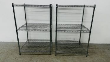 2 X CHROME THREE TIER ADJUSTABLE SHELVING RACKS EACH W 76CM D 61CM H 115CM.