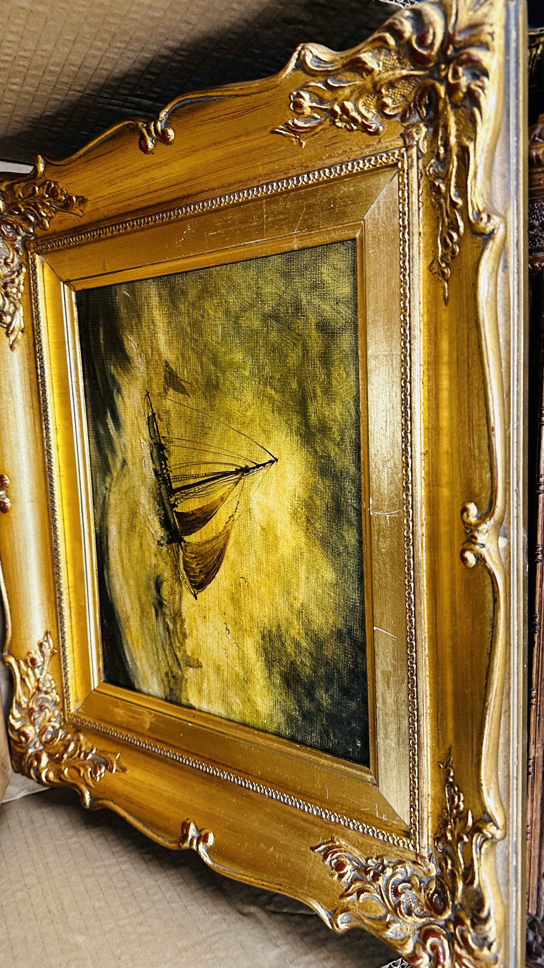 SIX LARGE GILT FRAMED OIL ON CANVAS SCENES TO INCLUDE HEAVY HORSES AT WORK BEARING SIGNATURE D. - Image 12 of 15