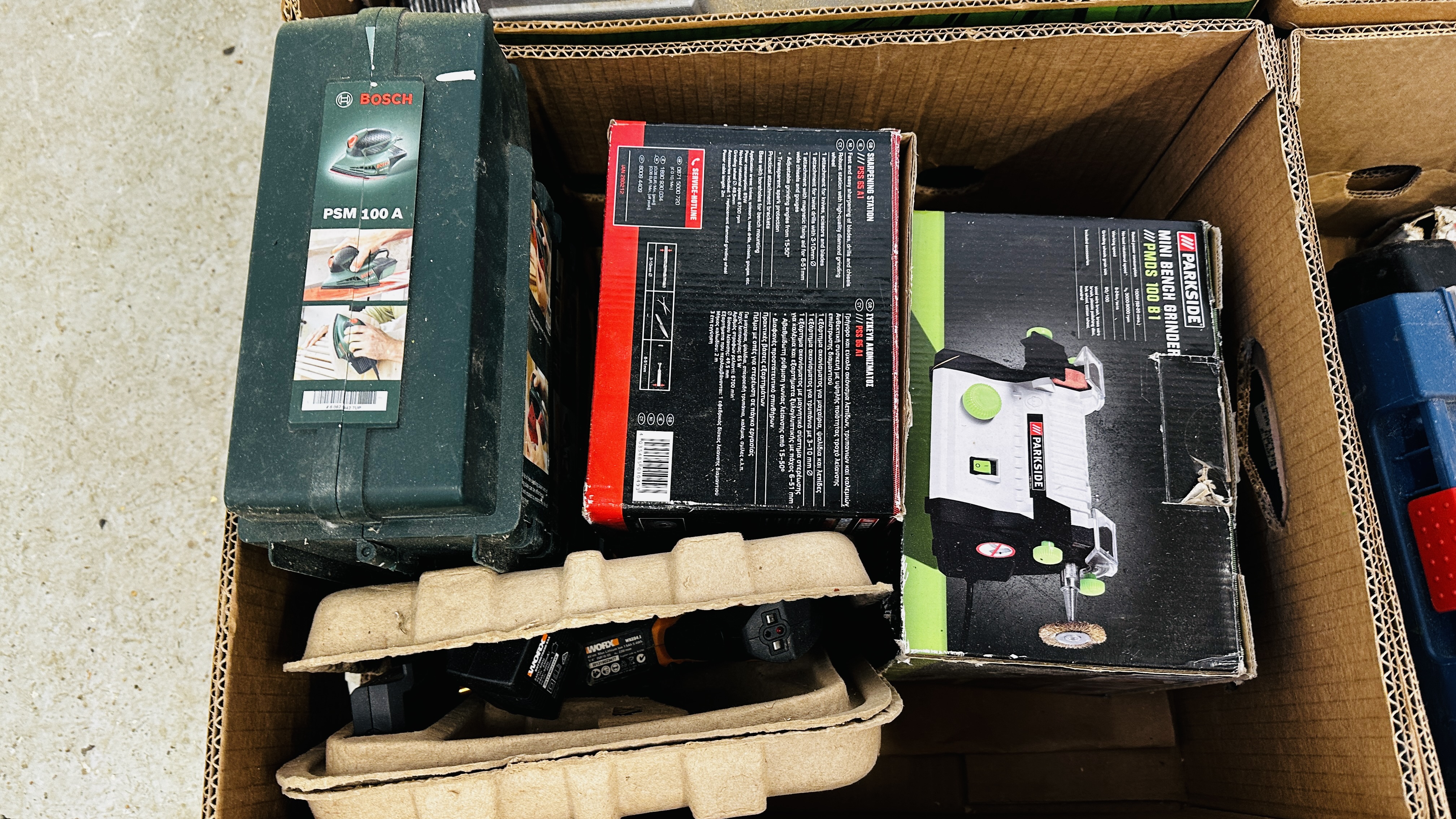 4 BOXES CONTAINING ASSORTED POWER TOOLS AND ACCESSORIES TO INCLUDE GUILD BENCH GRINDER, - Image 3 of 19