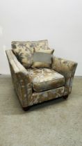 A MODERN SILK AND JADE BROCADE UPHOLSTERED BEDROOM CHAIR.