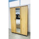 MODERN BEECH WOOD FINISH 3 DOOR WARDROBE WITH DRESSING MIRROR W 121CM X D 53CM X H 186CM.