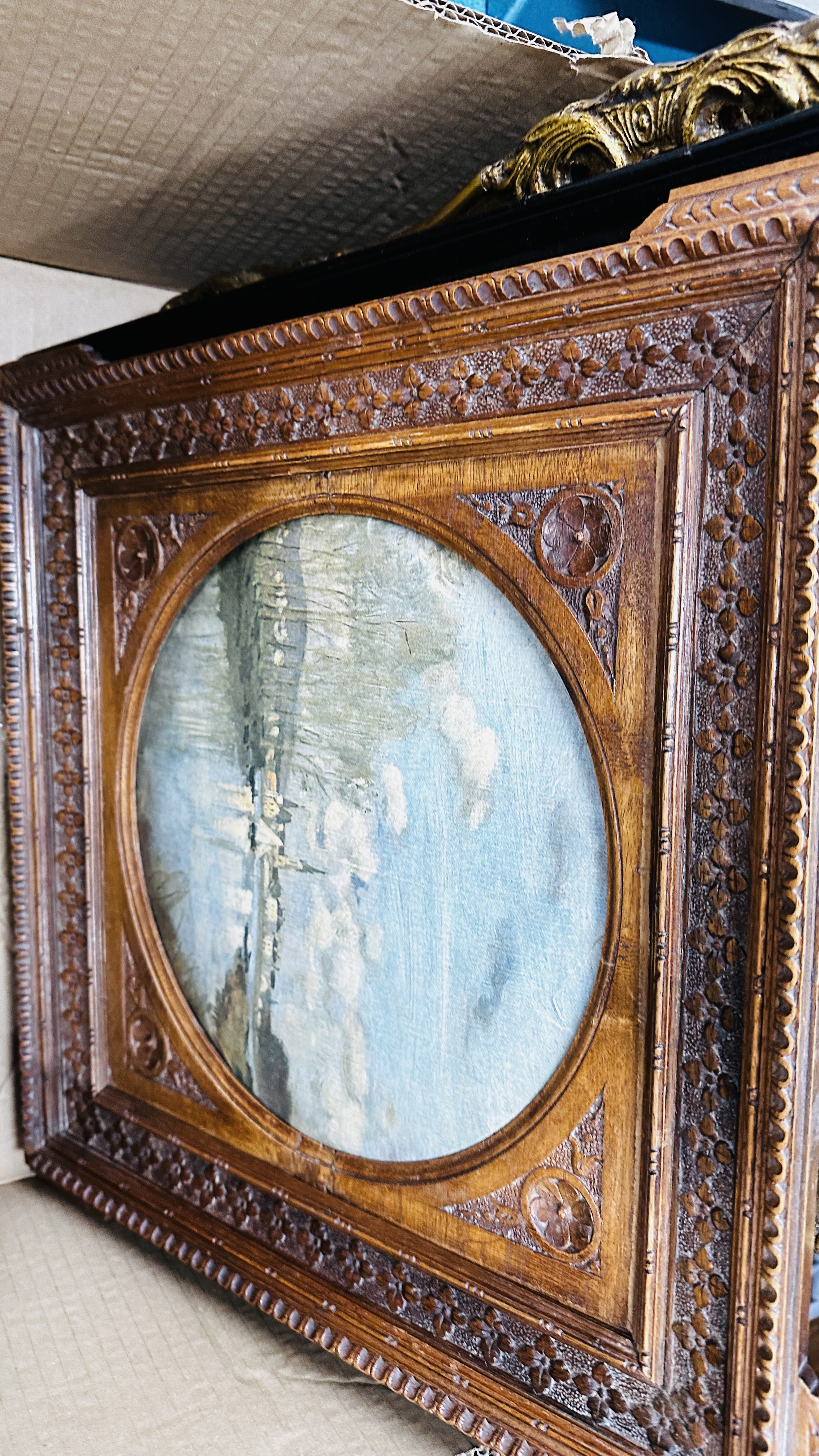 SIX LARGE GILT FRAMED OIL ON CANVAS SCENES TO INCLUDE HEAVY HORSES AT WORK BEARING SIGNATURE D. - Image 13 of 15