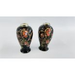 A PAIR OF VINTAGE SILVER RIMMED GLAZED VASES IN THE MOORCROFT STYLE,