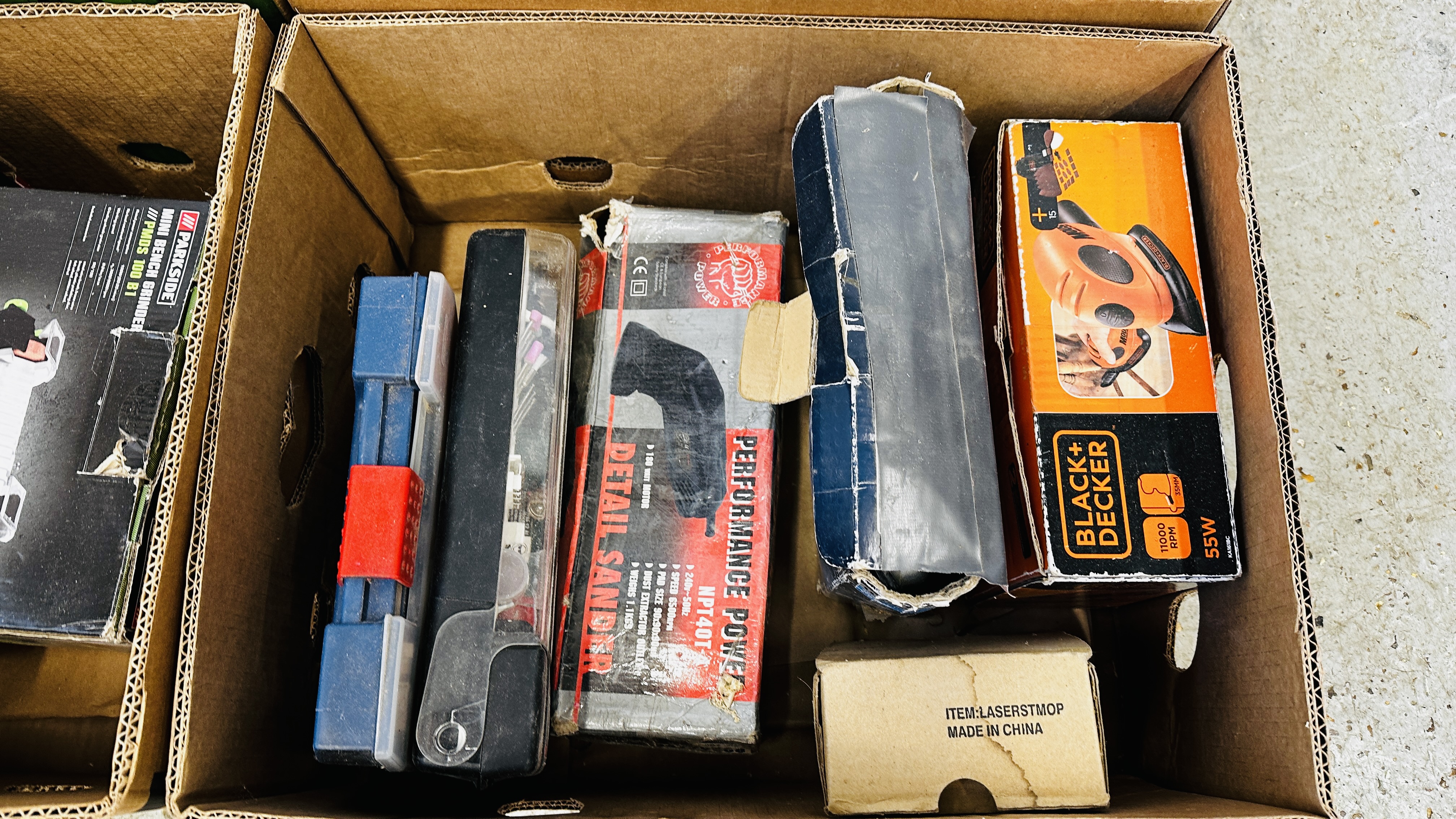4 BOXES CONTAINING ASSORTED POWER TOOLS AND ACCESSORIES TO INCLUDE GUILD BENCH GRINDER, - Image 2 of 19
