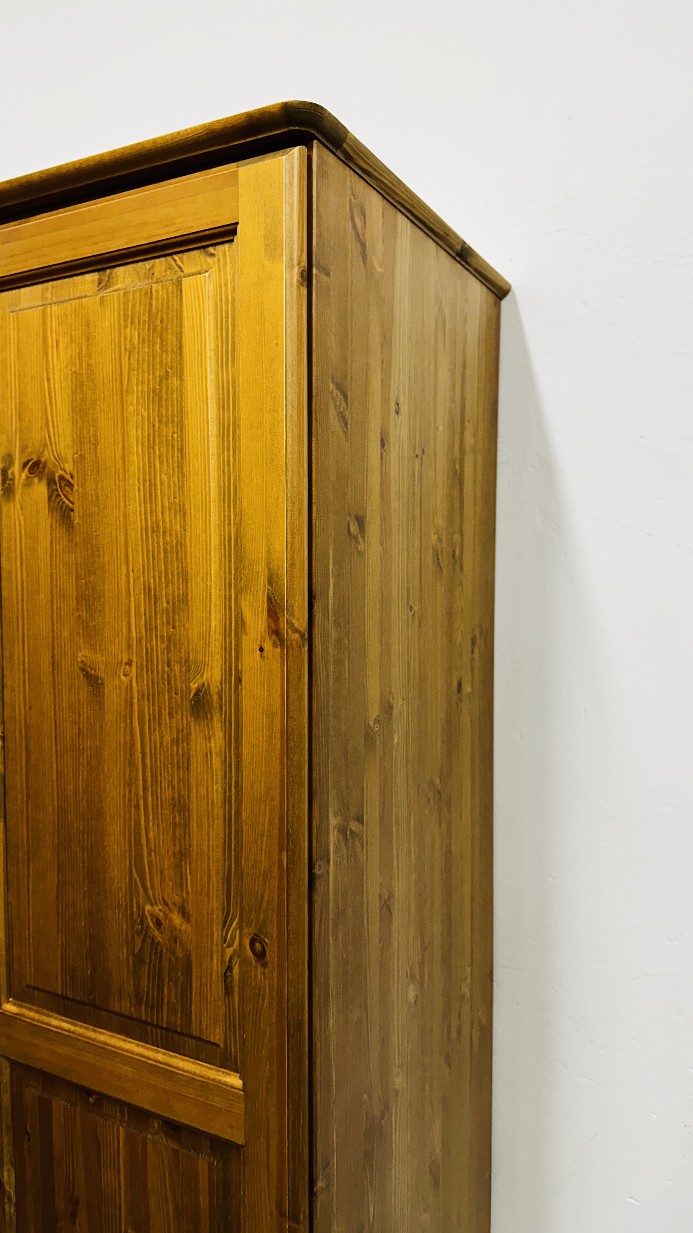 A SOLID PINE TWO DRAWER DOUBLE WARDROBE, W 90CM X D 53CM X H 179CM. - Image 3 of 8