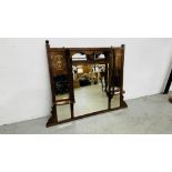 A DECORATIVE EDWARDIAN INLAID OVER MANTEL MIRROR W 137CM & H 99.5CM.