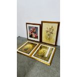 A GROUP OF 4 LARGE MODERN ART PRINTS DEPICTING STILL LIFE FLOWERS.