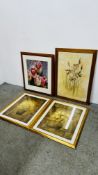 A GROUP OF 4 LARGE MODERN ART PRINTS DEPICTING STILL LIFE FLOWERS.