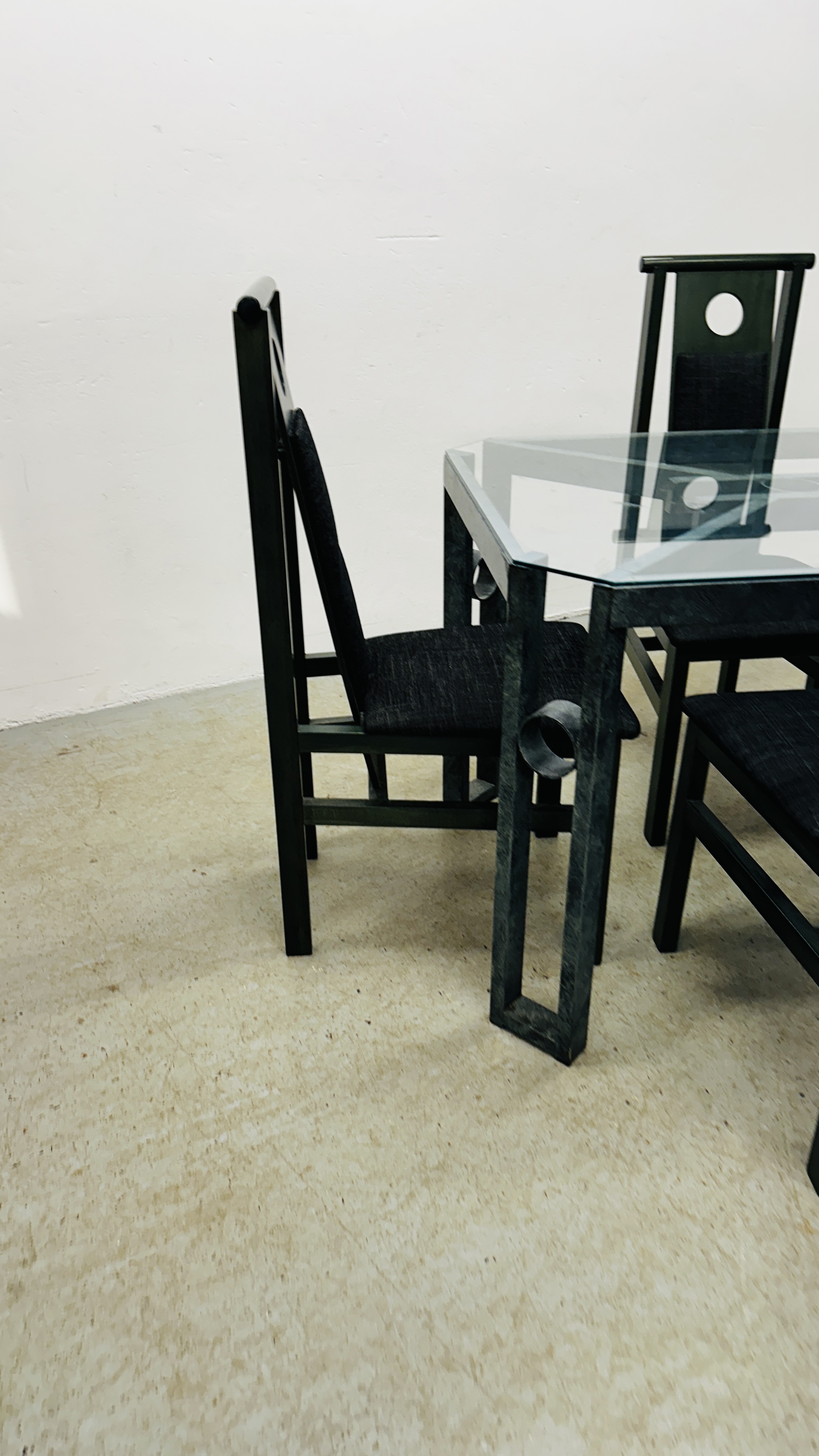 A DESIGNER MODERN METAL CRAFT DINING TABLE WITH GLASS TOP 155CM X 80CM ACCOMPANIED BY A SET OF SIX - Image 2 of 14