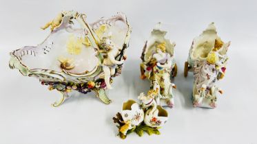 A GROUP OF DECORATIVE CONTINENTAL PORCELAIN TO INCLUDE AN ELABORATE CENTRE PIECE A/F,