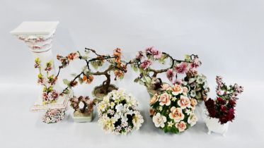 A GROUP OF PORCELAIN FLOWER BASKETS TO INCLUDE CAPODIMONTE EXAMPLES AND A PEDESTAL + A PAIR OF