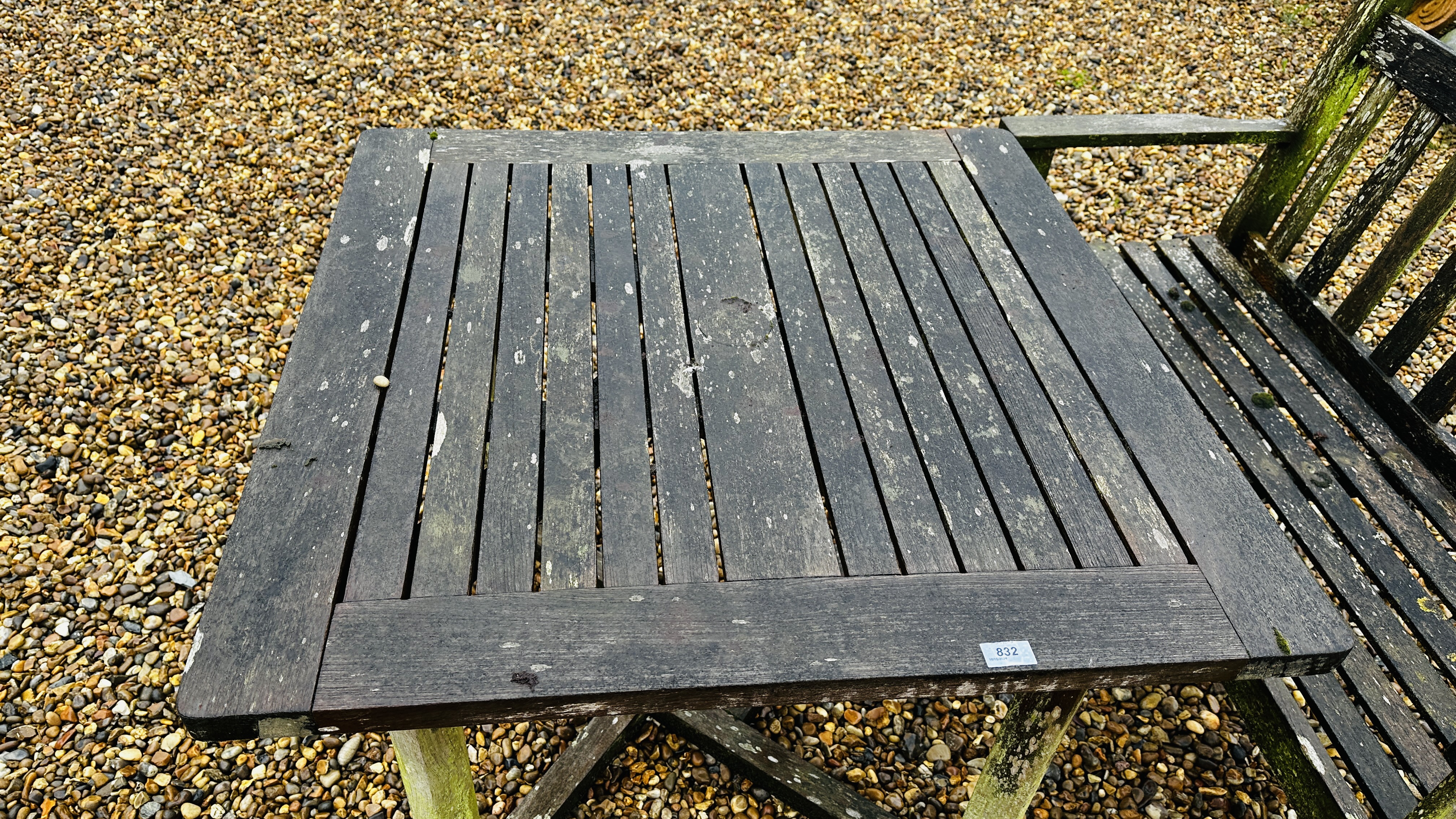 A HARDWOOD GARDEN BENCH LENGTH 120CM AND HARDWOOD GARDEN TABLE - WEATHERED CONDITION, 90 X 90CM. - Image 3 of 7