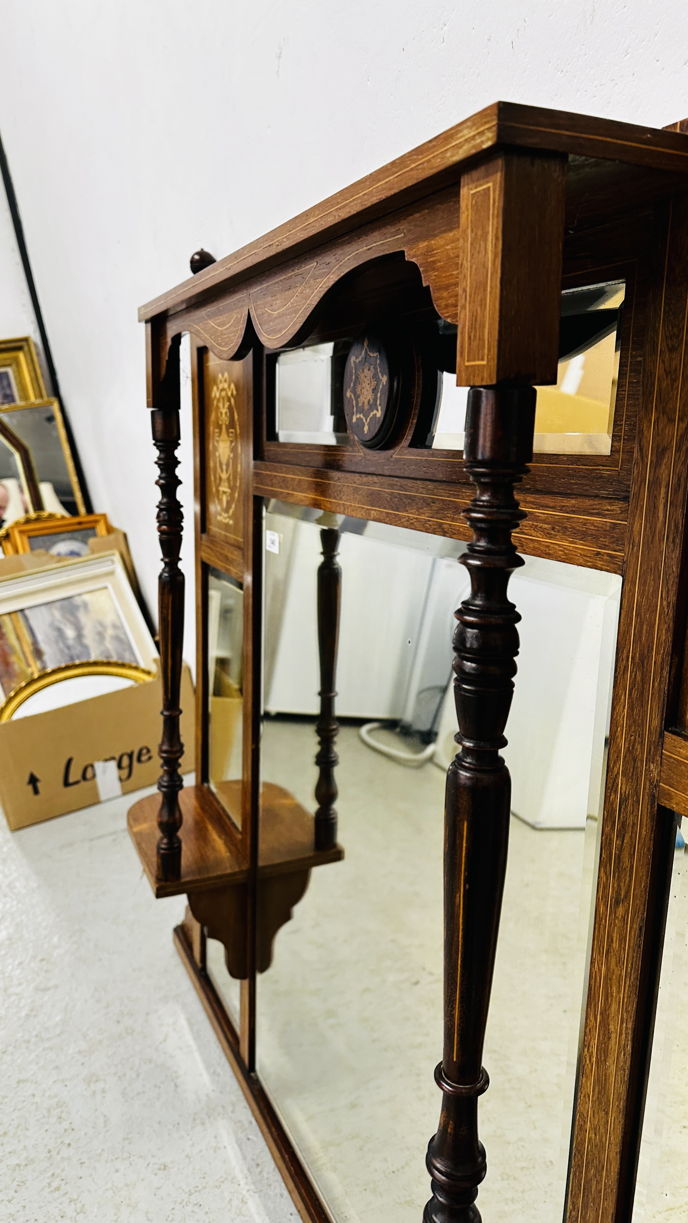 A DECORATIVE EDWARDIAN INLAID OVER MANTEL MIRROR W 137CM & H 99.5CM. - Image 9 of 9