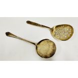 AN UNUSUAL SILVER SERVING SPOON WITH CIRCULAR HEAD, LONDON 1911 ALONG WITH A SILVER SIFTER SPOON,