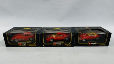 A GROUP OF 3 BURAGO 1-18 SCALE MODEL VEHICLES TO INCLUDE FERRARI, MERCEDES & JAGUAR ETC.