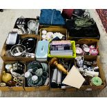 12 BOXES OF HOUSEHOLD EFFECTS TO INCLUDE DENBY AND SIMILAR TABLE WARES, COOKING PANS,