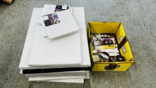 ARTIST ACCESSORIES TO INCLUDE 9 X 40 X 50CM CANVAS, 4 X 20 X 20CM CANVAS (NEW), 3 X USED CANVAS,