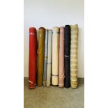 8 X SMALL REMNANT ROLLS OF VARIOUS QUALITY UPHOLSTERY MATERIAL.