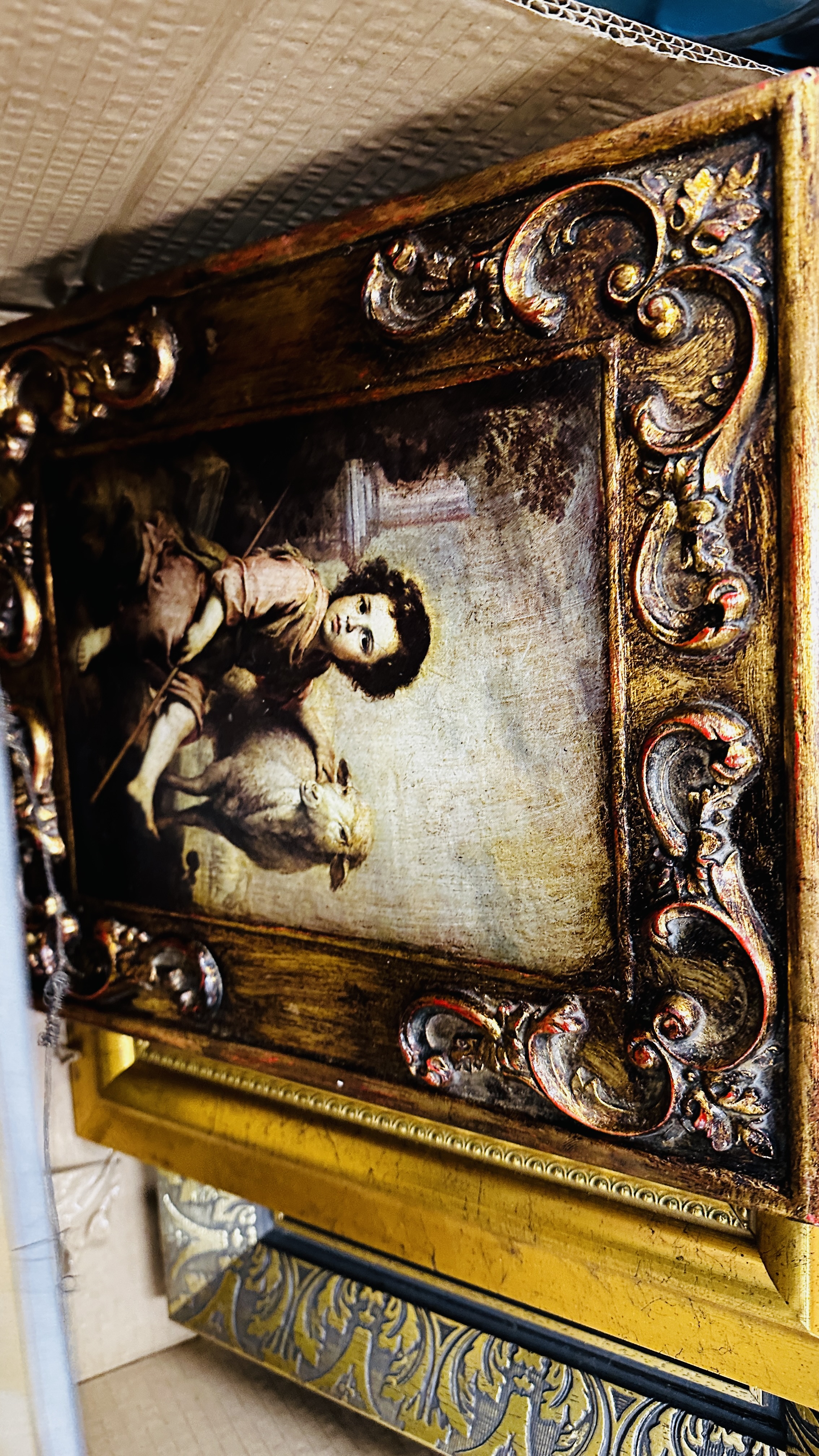 SIX LARGE GILT FRAMED OIL ON CANVAS SCENES TO INCLUDE HEAVY HORSES AT WORK BEARING SIGNATURE D. - Image 9 of 15