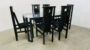 A DESIGNER MODERN METAL CRAFT DINING TABLE WITH GLASS TOP 155CM X 80CM ACCOMPANIED BY A SET OF SIX