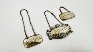 THREE ANTIQUE SILVER SPIRIT LABELS TO INCLUDE A WILLIAM IV "PORT" LABL SHEFFIELD 1835 MAKER KITCHEN
