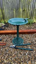 DECORATIVE CAST METAL BIRD BATH AND PAIR OF TELESCOPIC LOPPERS.
