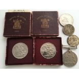 COINS: GB 1951 CROWN IN BOX (2), USA SILVER HALF DOLLAR 1942, DEFENCE MEDAL, ETC (6 ITEMS).