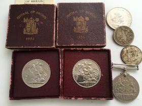 COINS: GB 1951 CROWN IN BOX (2), USA SILVER HALF DOLLAR 1942, DEFENCE MEDAL, ETC (6 ITEMS).