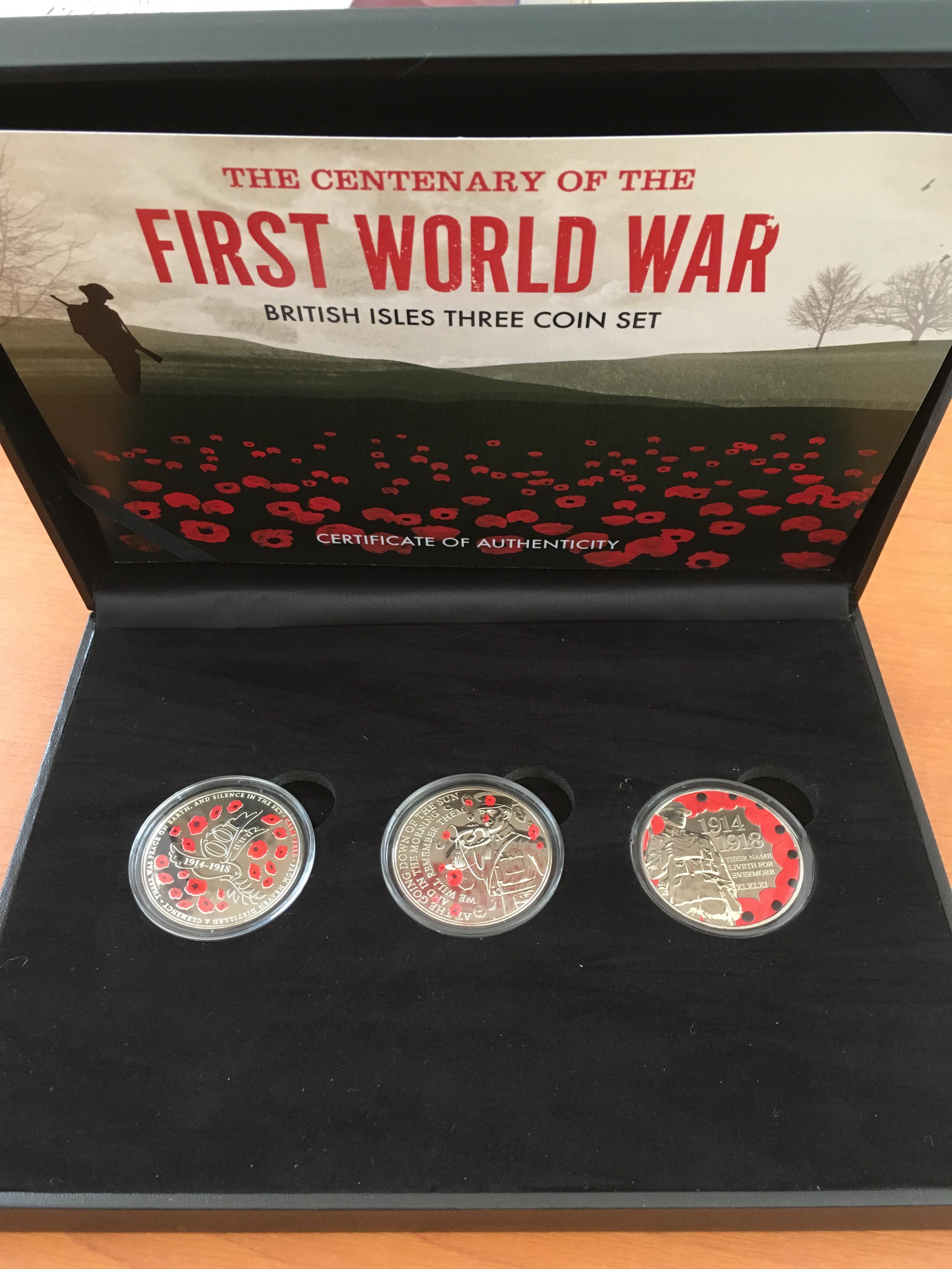 COINS: WESTMINSTER FIRST WORLD WAR 2018 THREE COIN SET IN CASE WITH CERTIFICATE.