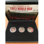 COINS: WESTMINSTER FIRST WORLD WAR 2018 THREE COIN SET IN CASE WITH CERTIFICATE.