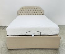 AN ELECTRICALLY ADJUSTABLE DOUBLE BED WITH COOLMAX MATTRESS AND OATMEAL UPHOLSTERED STEWART JONES