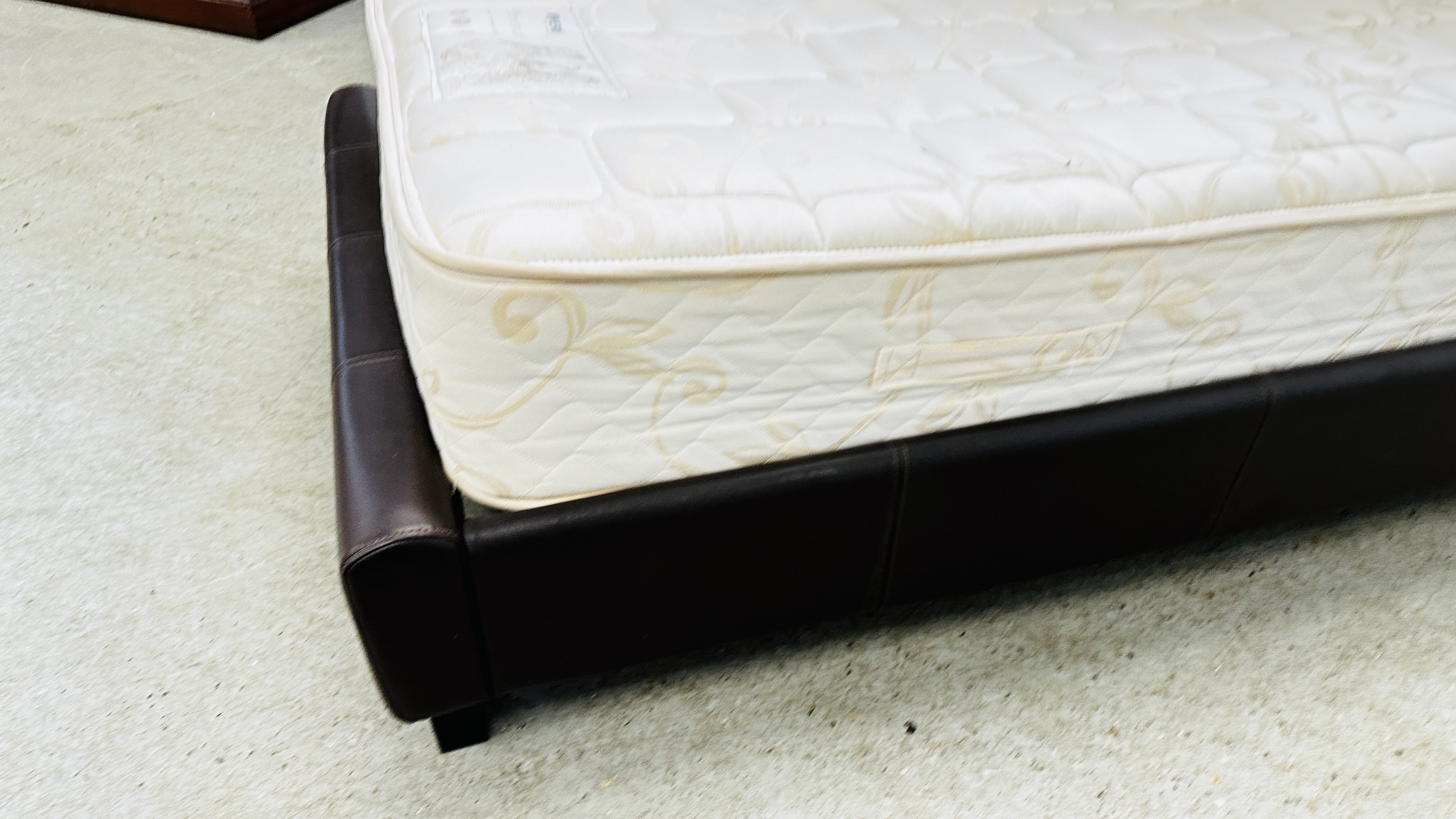 A DARK TAN FAUX LEATHER SINGLE BEDSTEAD WITH MYERS PHOENIX MATTRESS. - Image 12 of 13