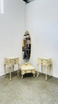 A PAIR OF CONTINENTAL DESIGN CREAM FINISH TWO DRAWER BEDSIDE TABLES AND CONTINENTAL DESIGN CREAM