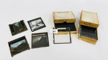 A GROUP OF VINTAGE GLASS LANTERN SLIDES DEPICTING VARIOUS COLOURED AND BLACK AND WHITE SCENES.