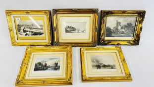 A GROUP OF FIVE GILT FRAMED ENGRAVINGS DEPICTING LOCAL NORFOLK SCENES TO INCLUDE - DEVIL'S TOWER