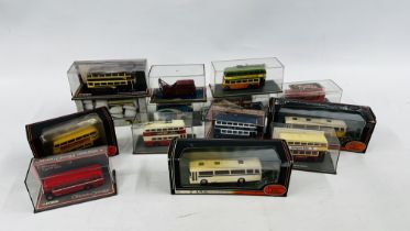 A GROUP OF 14 ASSORTED BOXED CORGI 00C + EFE BUSES ETC.