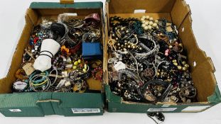 TWO BOXES CONTAINING AN EXTENSIVE COLLECTION OF ASSORTED BEADED NECKLACES AND JEWELLERY ETC.