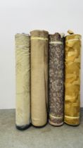 4 X GOOD SIZE PART ROLLS OF VARIOUS QUALITY UPHOLSTERY MATERIAL.