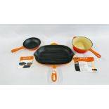 A GROUP OF 3 "LE CREUSET" CAST ORANGE ENAMEL PANS TO INCLUDE A GRILL STYLE EXAMPLE.