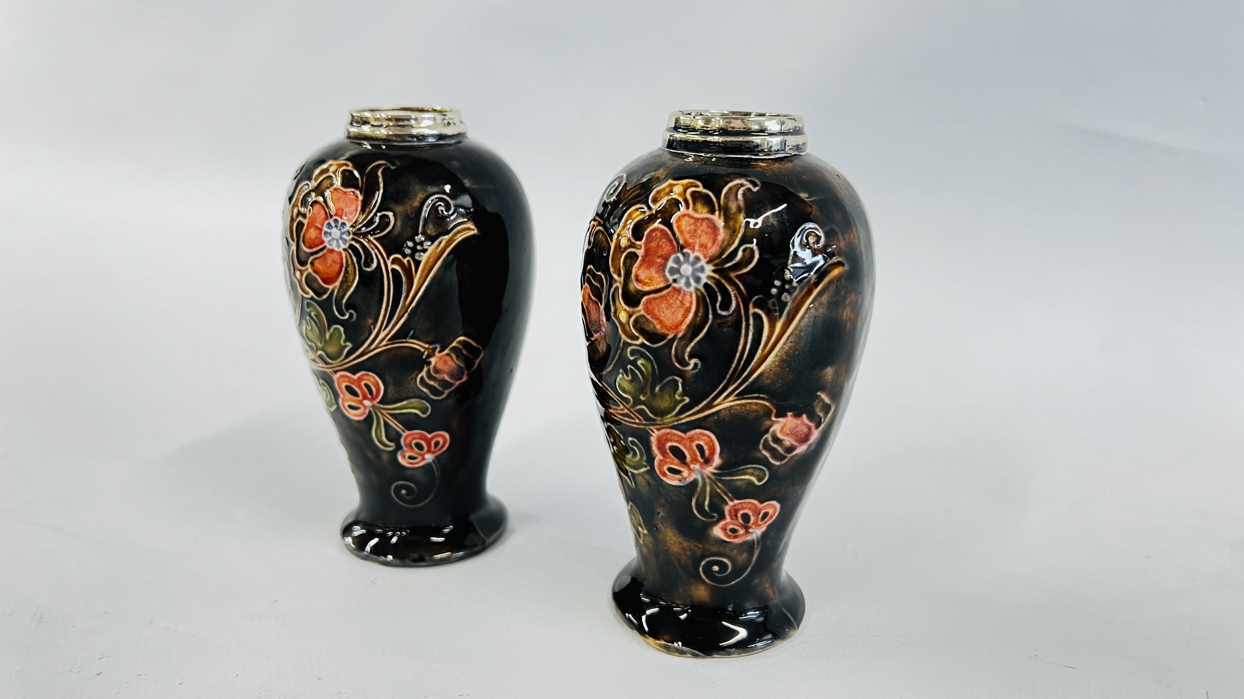 A PAIR OF VINTAGE SILVER RIMMED GLAZED VASES IN THE MOORCROFT STYLE, - Image 2 of 4