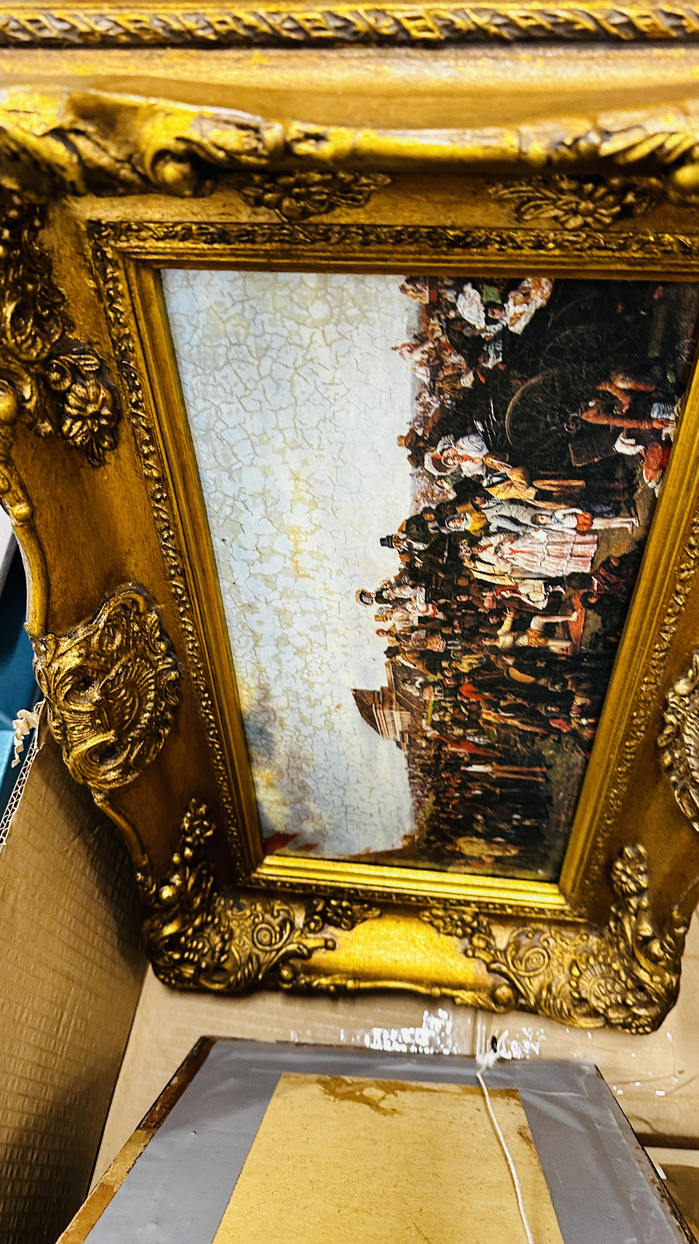 SIX LARGE GILT FRAMED OIL ON CANVAS SCENES TO INCLUDE HEAVY HORSES AT WORK BEARING SIGNATURE D. - Image 15 of 15